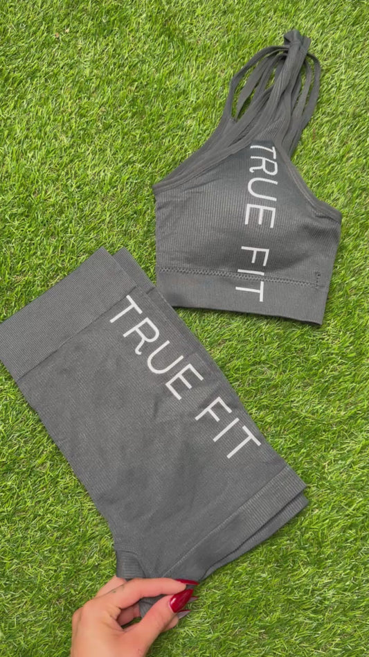 TRUE FIT™ Sports Bra & Shorts Set. Grey